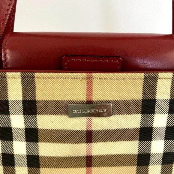 🔥🔥 sale.Burberry T-02-1 Handbag Small Tote Nova Check with Red Leather Straps, - Picture 4 of 17